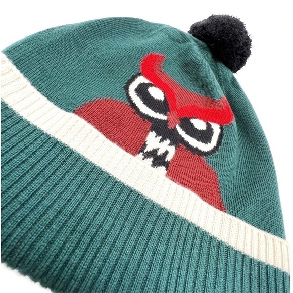 Kate Spade Beanie “Who Me?” Owl Wool Kit Hat Pom Pom Green Red White New NWT - Picture 3 of 9
